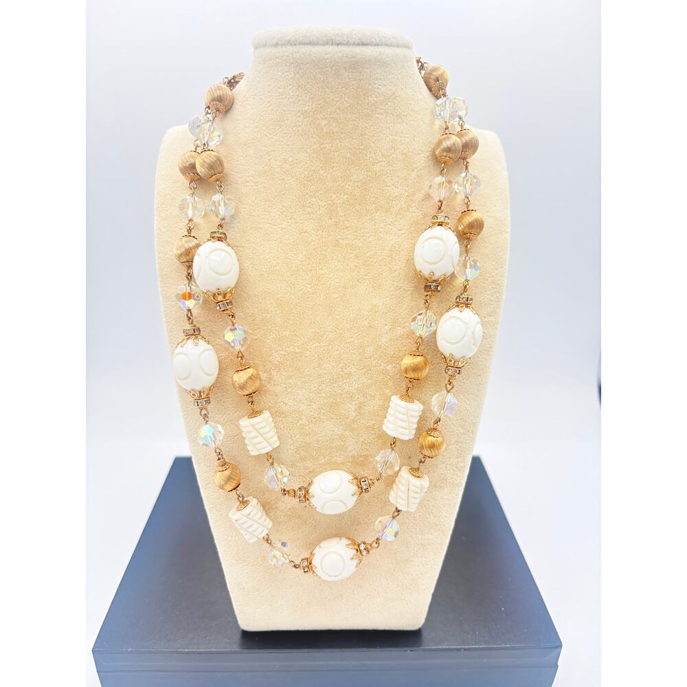 Vendôme Double-Strand Necklace with Carved Lucite, AB Crystal & Gold‑Tone Beads
